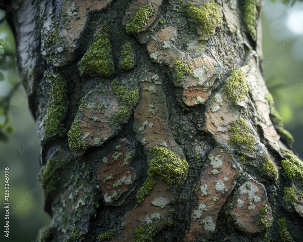 Explore the enchanted forest floor with this captivating image showcasing a Detailed view of rough bark with fresh green moss, intricate textures, revealing nature's artistry through organic patterns Explore the enchanted forest floor with this captivating image showcasing a Detailed view of rough bark with fresh green moss, intricate textures, revealing nature's artistry through organic patterns