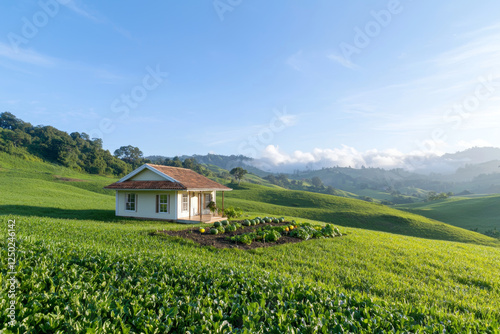 Rural estate mortgage. charming rural estate with vintage farmhouse surrounded by lush greenery and hills photo