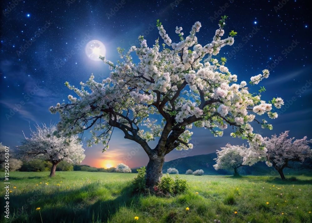 Night Bloom: Apple Blossom Tree in Moonlight Night Bloom: Apple Blossom Tree in Moonlight