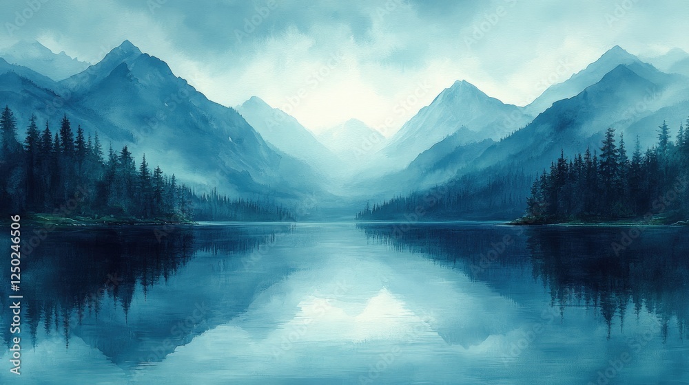 A tranquil landscape featuring layered mountains in various shades of blue, A tranquil landscape featuring layered mountains in various shades of blue,
