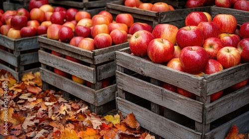 Freshly harvested apples in wooden crates surrounded by colorful autumn leaves at a market