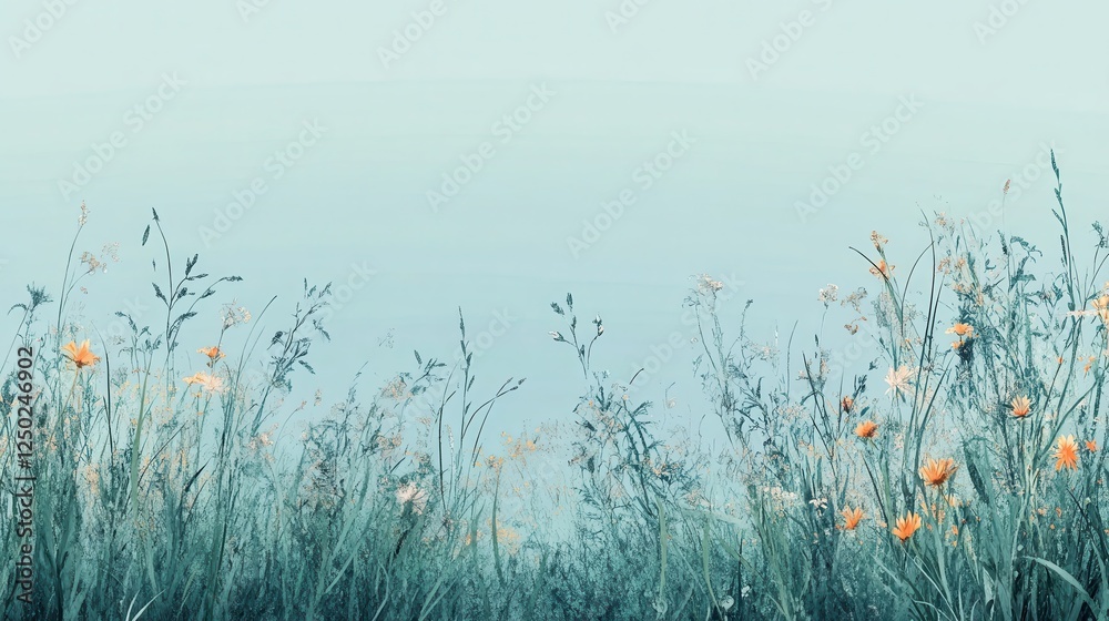 Fototapeta premium Serene Teal Meadow Abstract Floral Landscape with Wildflowers and Tall Grass, Soft Sky, and Muted Tones.