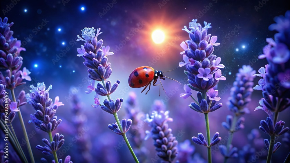 Night Lavender Closeup: Ladybug on Purple Flowers Night Lavender Closeup: Ladybug on Purple Flowers