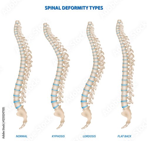 Set illustration of four spinal deformity types: normal spine, kyphosis, lordosis, and flat back. The image highlights the differences in curvature and alignment of the spine, providing a clear visual