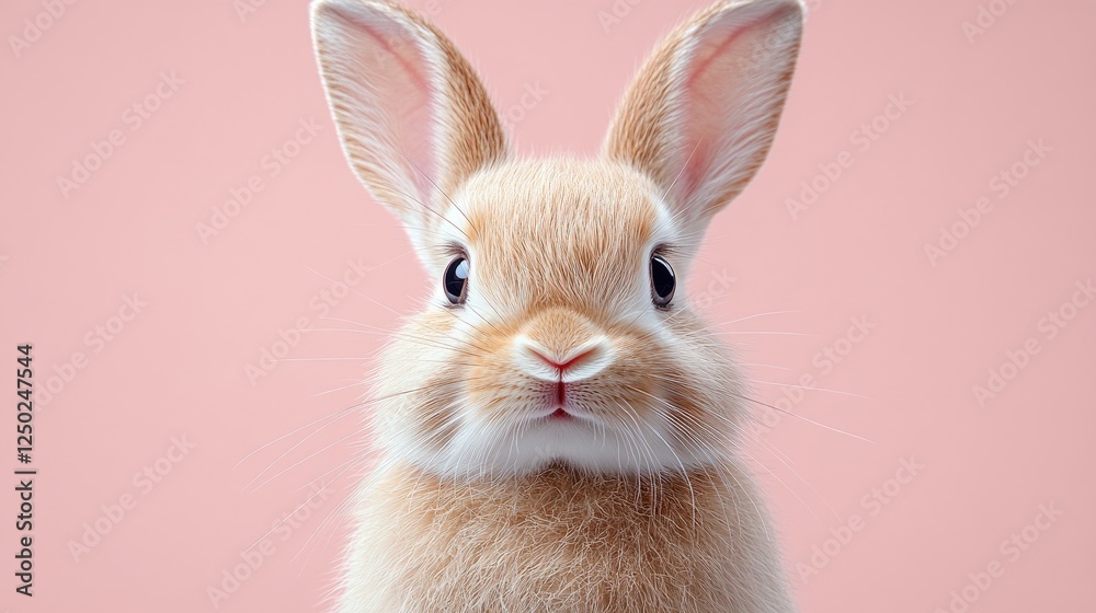 Fototapeta premium Adorable fluffy rabbit with big eyes against a soft pink background, perfect for animal lovers