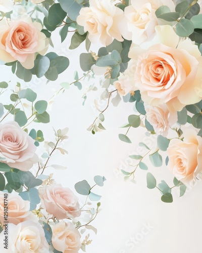 Elegant Floral Border Peach Roses and Eucalyptus on White Background for Wedding Invitations and Graphic Design.