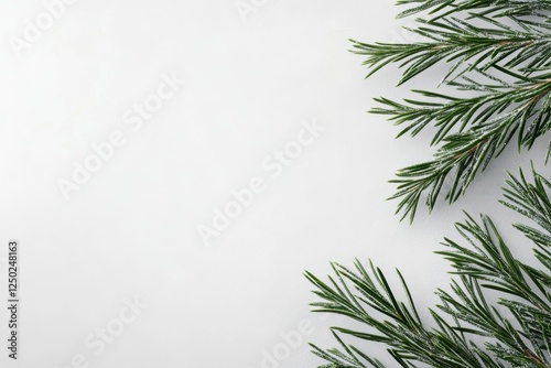 Fresh Green Rosemary Sprigs with Faux Snow on White Background, Flat Lay with Copy Space