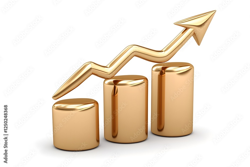 Golden 3D Graph with Rising Arrow Representing Growth, Success, Business Progress, and Financial Increase on a Clean White Background Golden 3D Graph with Rising Arrow Representing Growth, Success, Business Progress, and Financial Increase on a Clean White Background