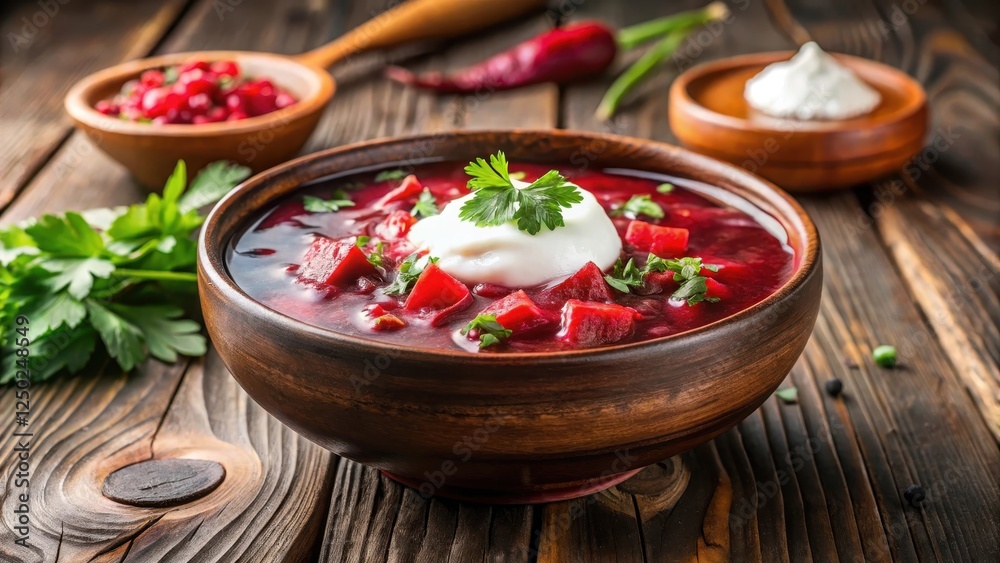 Beet borscht with sour cream served in a traditional Russian bowl, steaming hot Beet borscht with sour cream served in a traditional Russian bowl, steaming hot