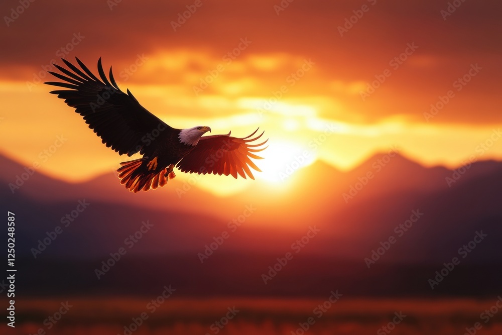 Fototapeta premium A majestic eagle soars against a stunning sunset, showcasing its wings spread wide as the sky radiates hues of orange and purple, embodying freedom.
