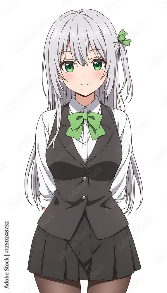 Anime girl in school uniform, smiling, studio shot Anime girl in school uniform, smiling, studio shot
