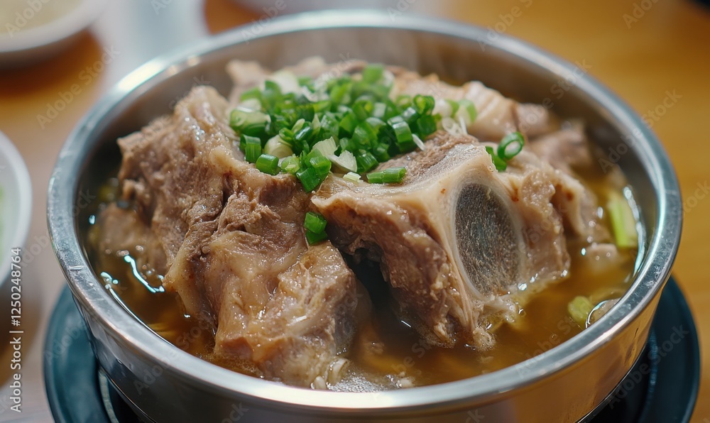Steaming pork rib soup, close-up, restaurant setting Steaming pork rib soup, close-up, restaurant setting