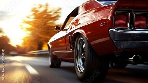 Classic Muscle Car Sunset Cruise: A Red Classic Mustang Roaring Down the Highway at Sunset
