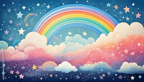 Whimsical Pastel Dreams: A Magical Sky Filled with Clouds, Rainbows, and Stars, Creating an Enchanting Atmosphere for Imagination to Soar and Explore with Endless Possibilities of Wonder.