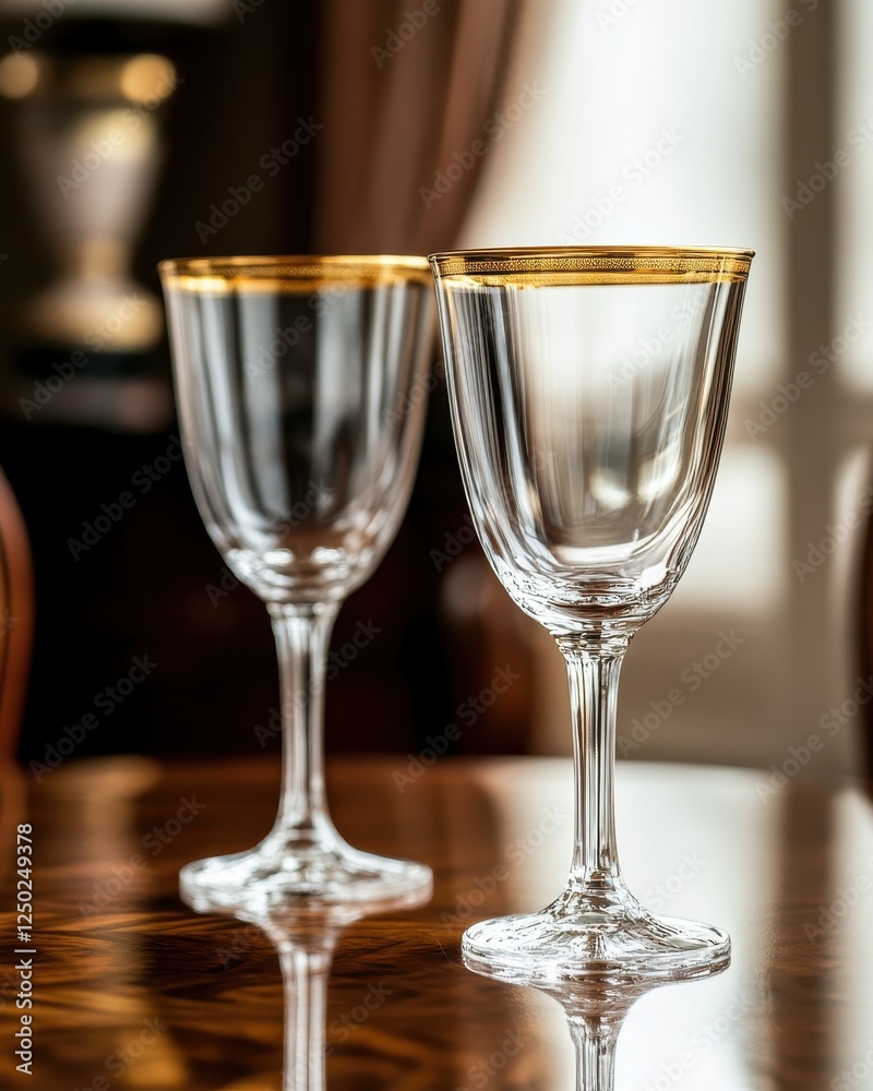 Elegant Crystal Wine Glasses with Gold Trim on Polished Wood Table Elegant Crystal Wine Glasses with Gold Trim on Polished Wood Table