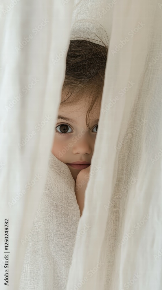 Child Peeking Through White Fabric with Innocent Expression and Curiosity Child Peeking Through White Fabric with Innocent Expression and Curiosity