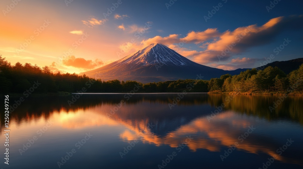 A stunning mountain landscape during sunset, featuring a calm lake reflecting the vibrantly colored sky and majestic snow-capped peak in the background. A stunning mountain landscape during sunset, featuring a calm lake reflecting the vibrantly colored sky and majestic snow-capped peak in the background.