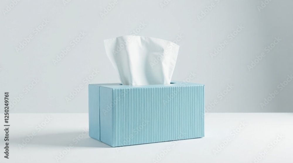 A pale blue tissue box with a pristine white tissue A pale blue tissue box with a pristine white tissue