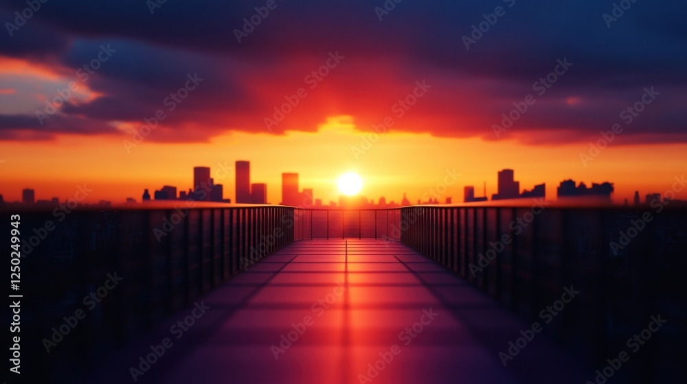 Fototapeta premium A stunning sunset scene over a vibrant city skyline, featuring a pathway leading towards the horizon, creating a sense of serenity and adventure.
