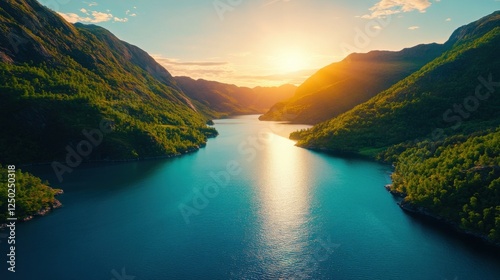 Breathtaking view of a serene lake surrounded by lush mountains under a vibrant sunset sky, creating a tranquil escape in nature's beauty.