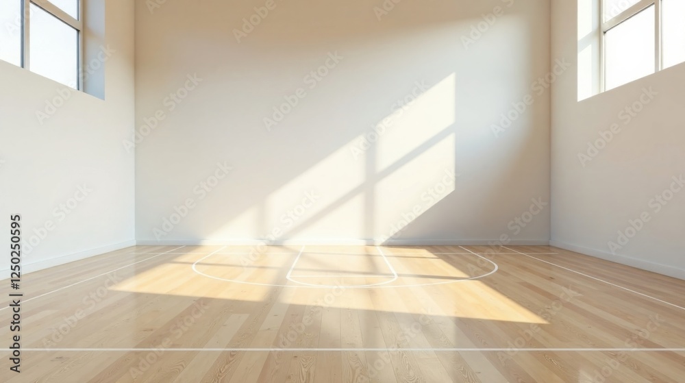 Fototapeta premium Empty Room with Hardwood Floor and Court Lines Basking in Sunlight