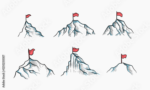 Set of  different mountain peaks each with a red flag planted on top symbolizing achievement and success.