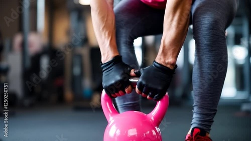 Woman fitness instructor holding pink kettlebell in the gym