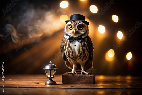 Owl in Tuxedo, Shakespearean Stage Performance - Dramatic Bird Photography