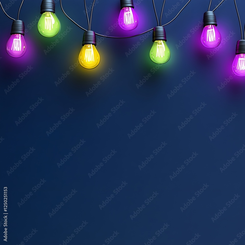 Colorful Light Bulbs Hanging Against a Dark Blue Background, Evoking a Festive and Cheerful Atmosphere Perfect for Celebrations or Events Colorful Light Bulbs Hanging Against a Dark Blue Background, Evoking a Festive and Cheerful Atmosphere Perfect for Celebrations or Events