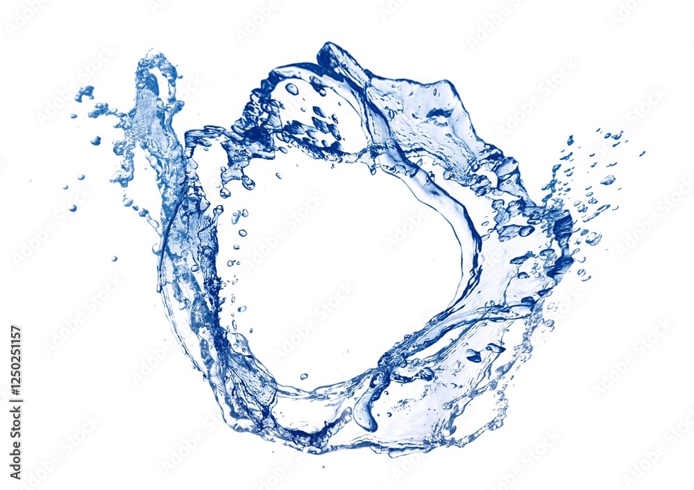 白い背景に流れる青い波と水しぶきの3dイラスト 白い背景に流れる青い波と水しぶきの3dイラスト
