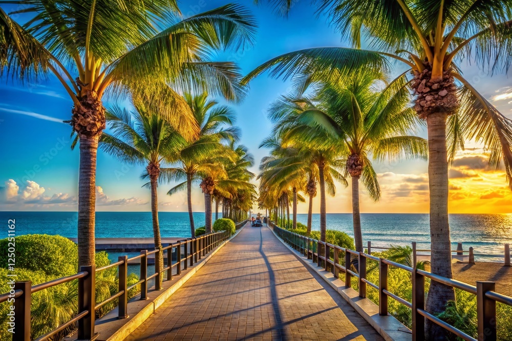 Palm Tree Lined Walkway to Coastal Skyline - Stunning Blue Ocean View Palm Tree Lined Walkway to Coastal Skyline - Stunning Blue Ocean View