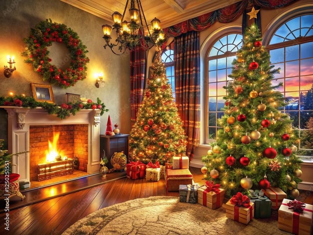 Panoramic Christmas Table Setting: Decorated Tree, Gifts & Festive Room