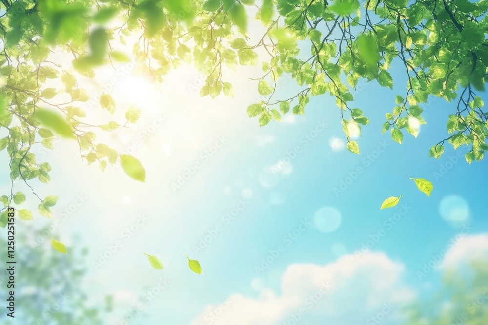 Serene Canopy Sun-Drenched Green Leaves and Falling Foliage Against a Soft Blue Sky Serene Canopy Sun-Drenched Green Leaves and Falling Foliage Against a Soft Blue Sky