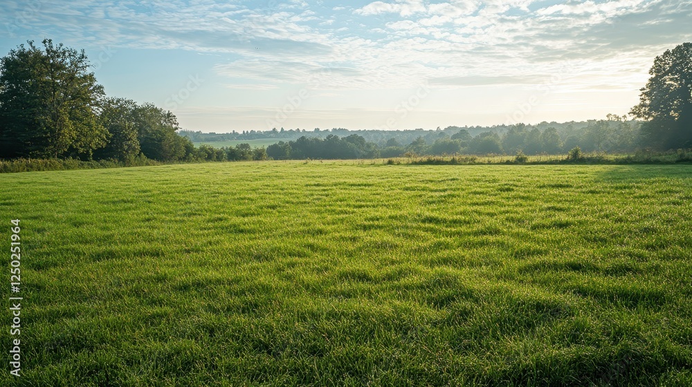 Fototapeta premium Serene Green Pasture at Sunrise A Tranquil Landscape with Mist and Dew.