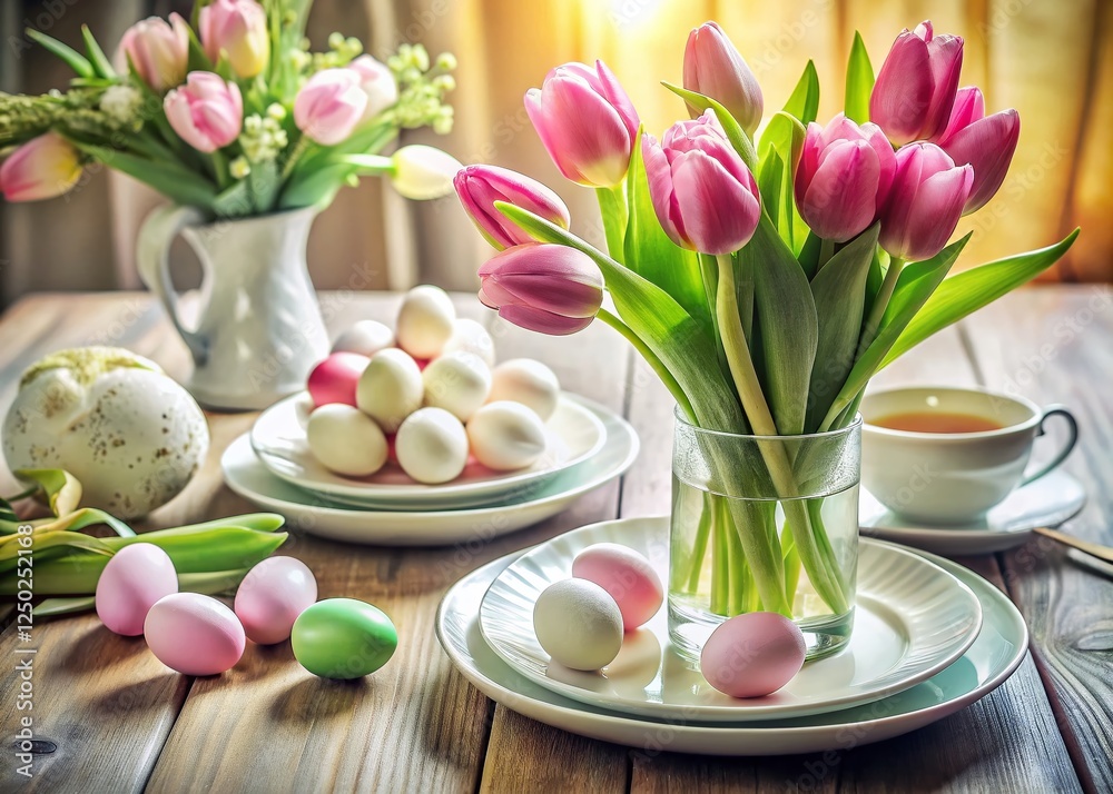 Obraz premium Panoramic Easter Table Setting: White Eggs & Tulips