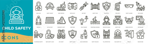 Child Safety icon. Child Lock, Safety Helmet, Baby Monitor, First Aid Kit, Seat Belt, Safety Gate and Childproof