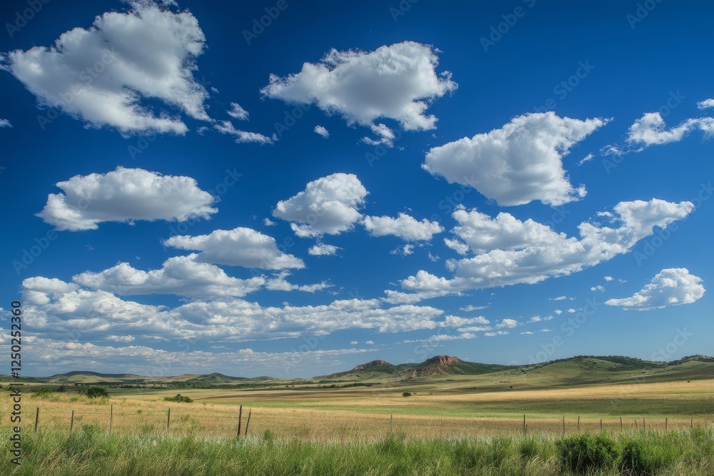 Sunny, cloud-filled sky over a vast, grassy plain Sunny, cloud-filled sky over a vast, grassy plain