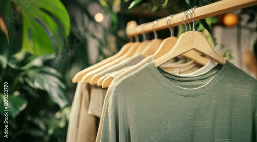 Sustainable Clothes on Hangers, Lush Plants Background photo