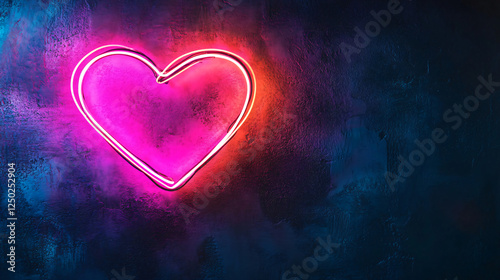 A vibrant neon heart shape glowing against a textured dark wall, symbolizing love.
