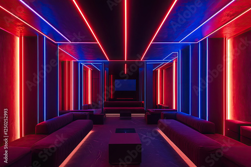 Wallpaper Mural A cyber-inspired dark neon interior with precisely placed red and blue LED lighting, forming an angular, symmetrical design that enhances the dramatic lighting effects  Torontodigital.ca