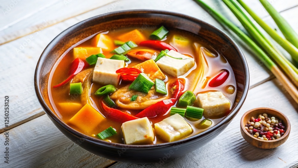 Panoramic Photo: Asian Hot and Sour Soup in Small Bowl, White Background Panoramic Photo: Asian Hot and Sour Soup in Small Bowl, White Background