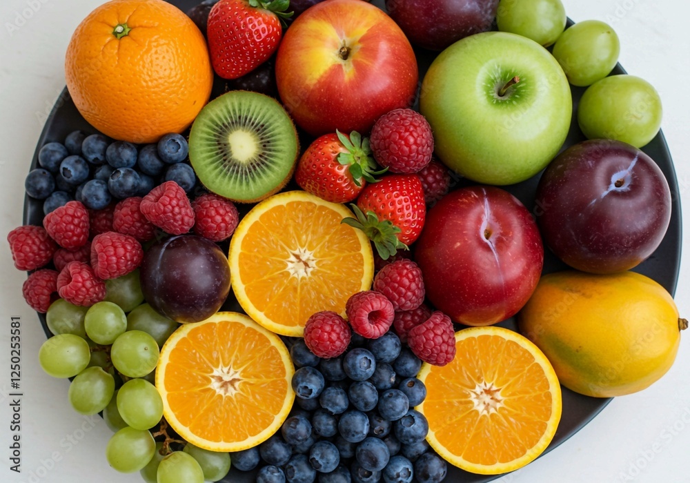From juicy oranges to plump blueberries, this collection of fresh fruits, arranged symmetrically against a dark backdrop, offers a visual guide to nutritious eating From juicy oranges to plump blueberries, this collection of fresh fruits, arranged symmetrically against a dark backdrop, offers a visual guide to nutritious eating