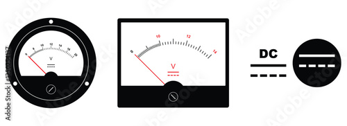 Set illustration of two analog voltmeters, both measuring DC voltage, along with the DC voltage symbol. The round and rectangular meters feature needle indicators showing voltage levels, while the DC