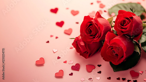 A beautiful display of red roses surrounded by heart-shaped decorations on a pink background.