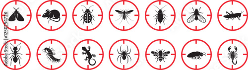 Pest control. Insects icon set. Insect repellent label product. Isolated forbidding and warning signs of harmful insects and rodents. Vector illustration 