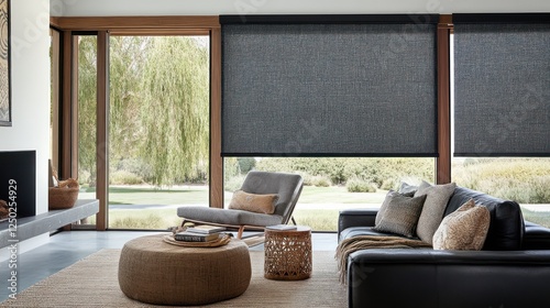 Modern Living Room with Roller Shades and Serene View