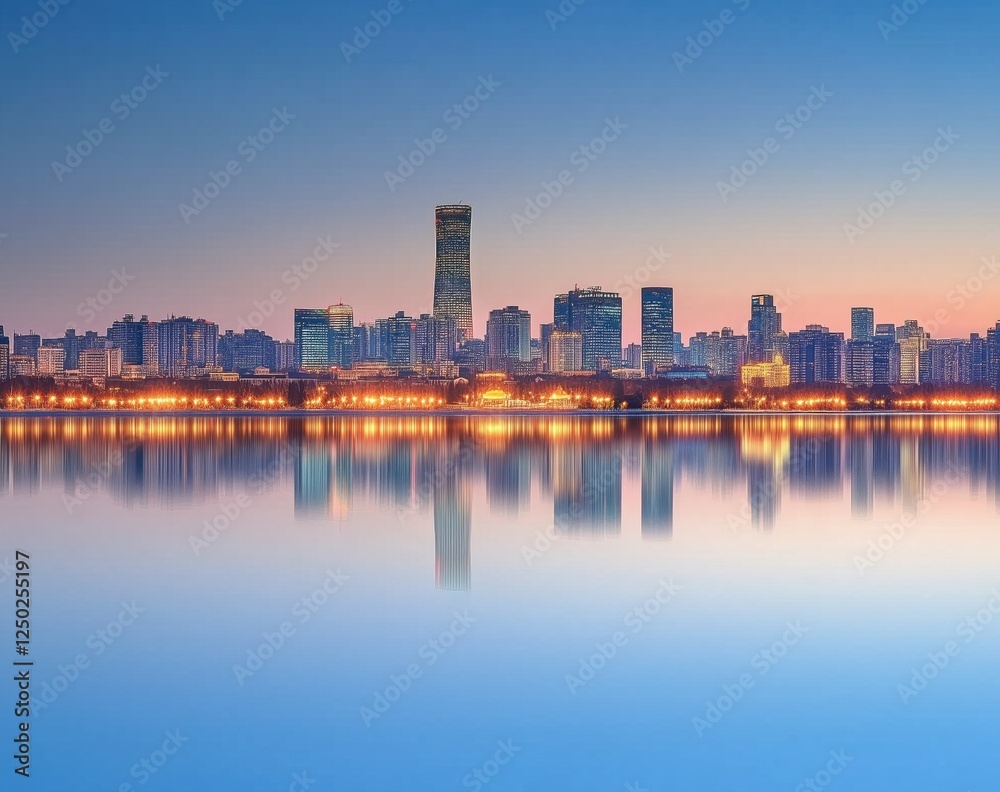 Stunning Skyline Reflection at Dawn with Soft Blue Hues Over a Serene River Stunning Skyline Reflection at Dawn with Soft Blue Hues Over a Serene River
