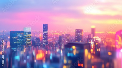 Vibrant Pink and Blue Cityscape at Dusk Modern Architecture, Urban Lights, and Atmospheric Glow.