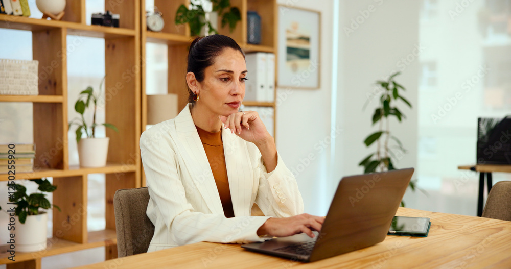 Business, thinking and woman with laptop, decision and planning for creative project. Person, journalist and employee in office, pc and research for article, solution and online reading with email Business, thinking and woman with laptop, decision and planning for creative project. Person, journalist and employee in office, pc and research for article, solution and online reading with email