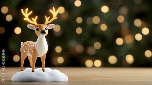 Cute cartoon deer figurine with glowing antlers surrounded by festive lights, ideal for holiday decorations or cheerful winter themes photo